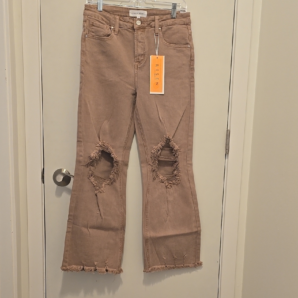 Tan Flare Wide Leg Jeans with Distressed Knees